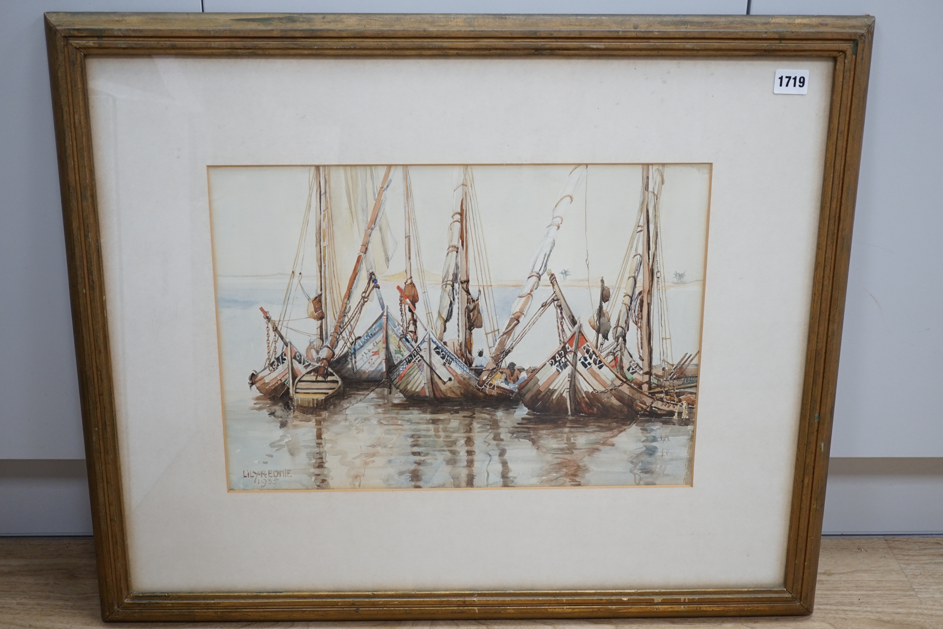Lily R Ednie (b.1876) watercolour, fishing boats at anchor, 47cm x 33cm